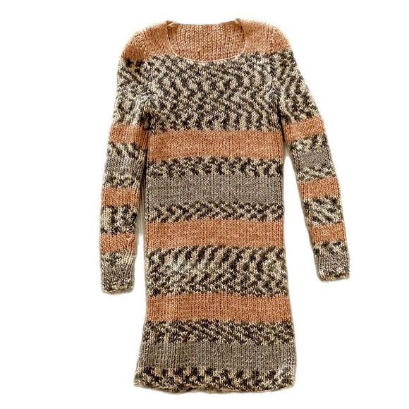 HANDMADE home knitted long sleeve ribbed Dress body-con Tan beige - Picture 6 of 10